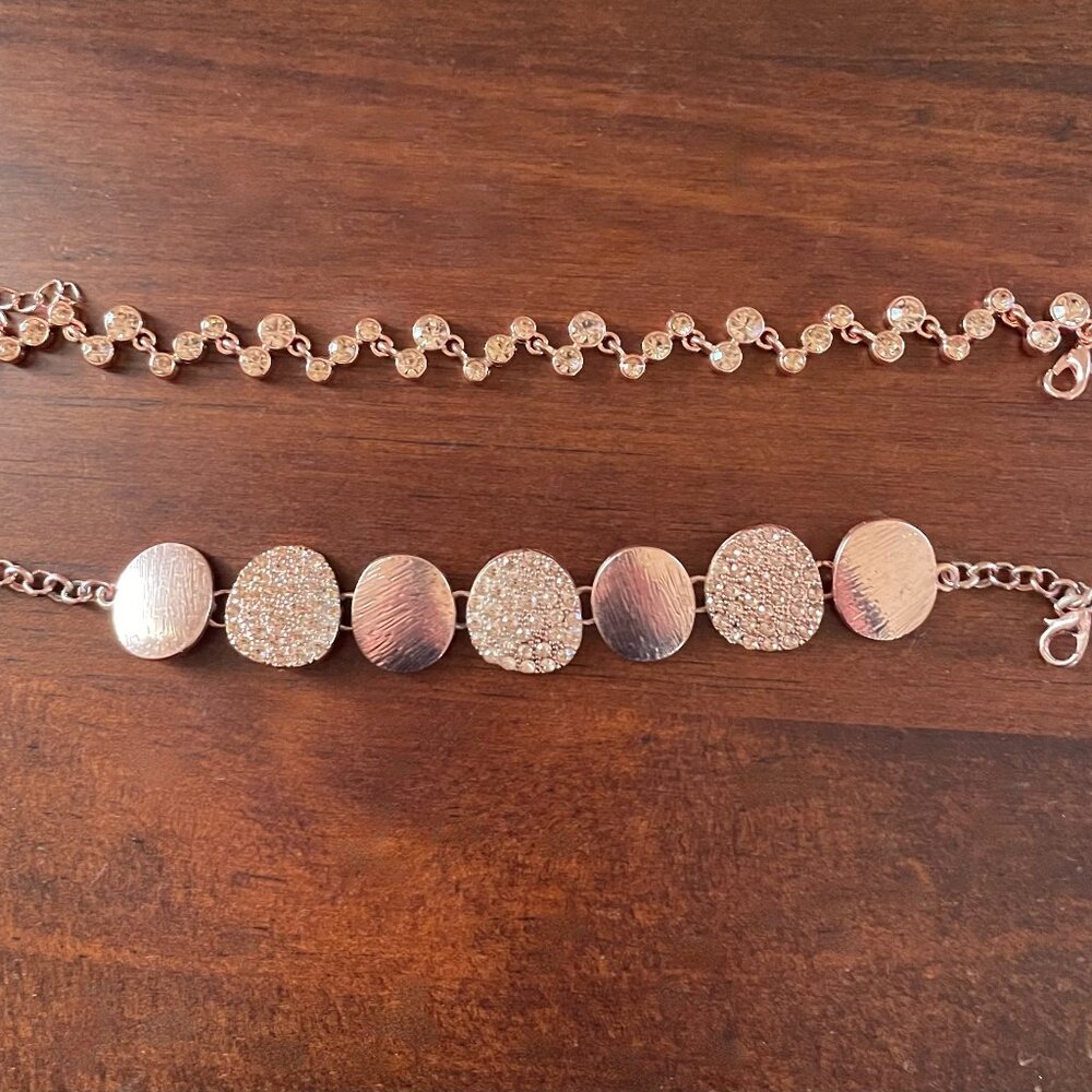 Copper-Tone Sparkle Bracelet Set • Crystal & Textured Oval Pair